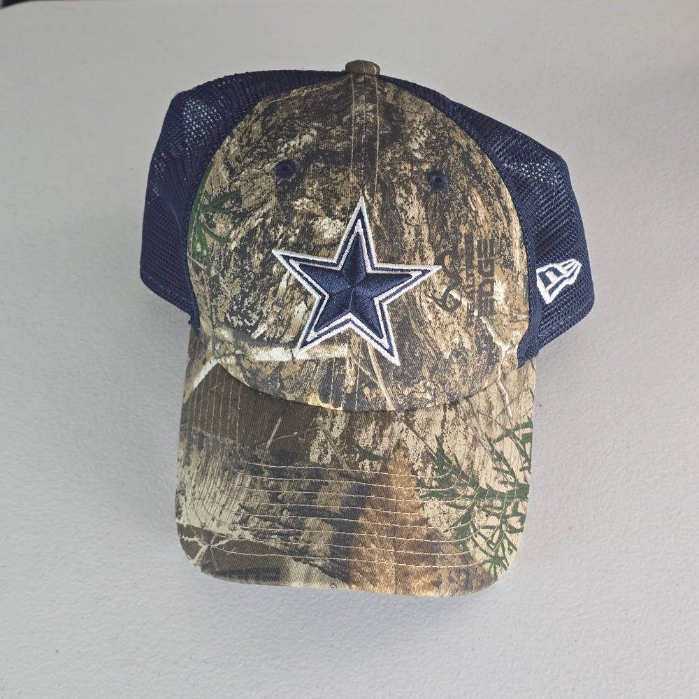 New Era 9FORTY Dallas Cowboys RealTree Camo Navy Blue Mesh Trucker Hat Snapback